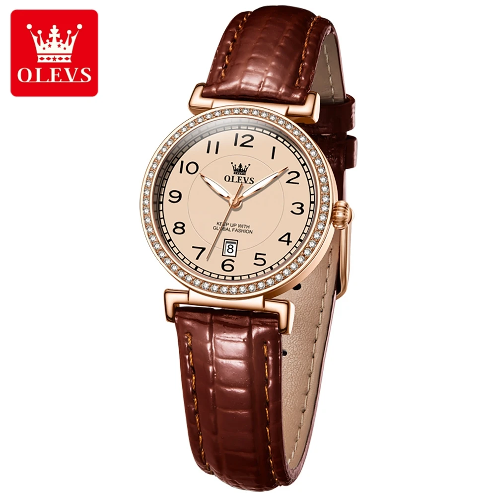 

OLEVS 5590 Retro Quartz Watch for Women Comfortable Leather Strap Digital Dial Calendar Luminous Simple Minimalist Women's Watch