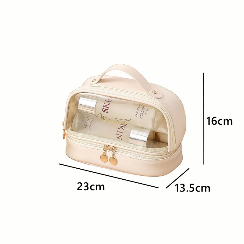 Double Layered Transparent Makeup Bag with Large Capacity and Convenient Travel Carrying Waterproof Toiletries Bag