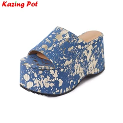 Krazing Pot tkanina z nadrukiem Peep Toe Slip On bardzo wysokie klapki na pasku Casual slajdy eleganckie lekkie sandały damskie na platformie