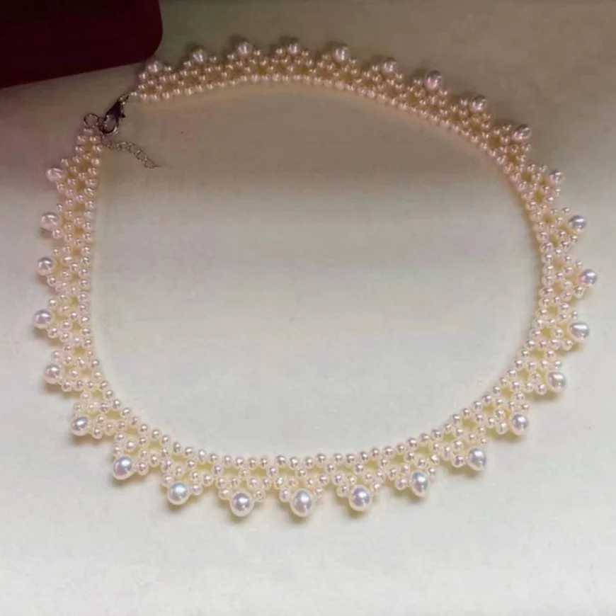 

New Beautiful Genuine Cultured White Pearl Necklace 16"4-8mm