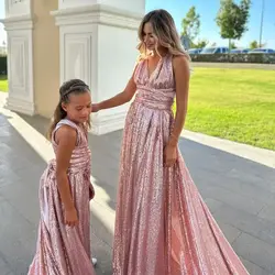 Slit V-Neck Long Sequins Mother and Daughter Dresses for Vacation Birthday or Even Sweep Train Mommy and Me Dress FOR Photoshoot