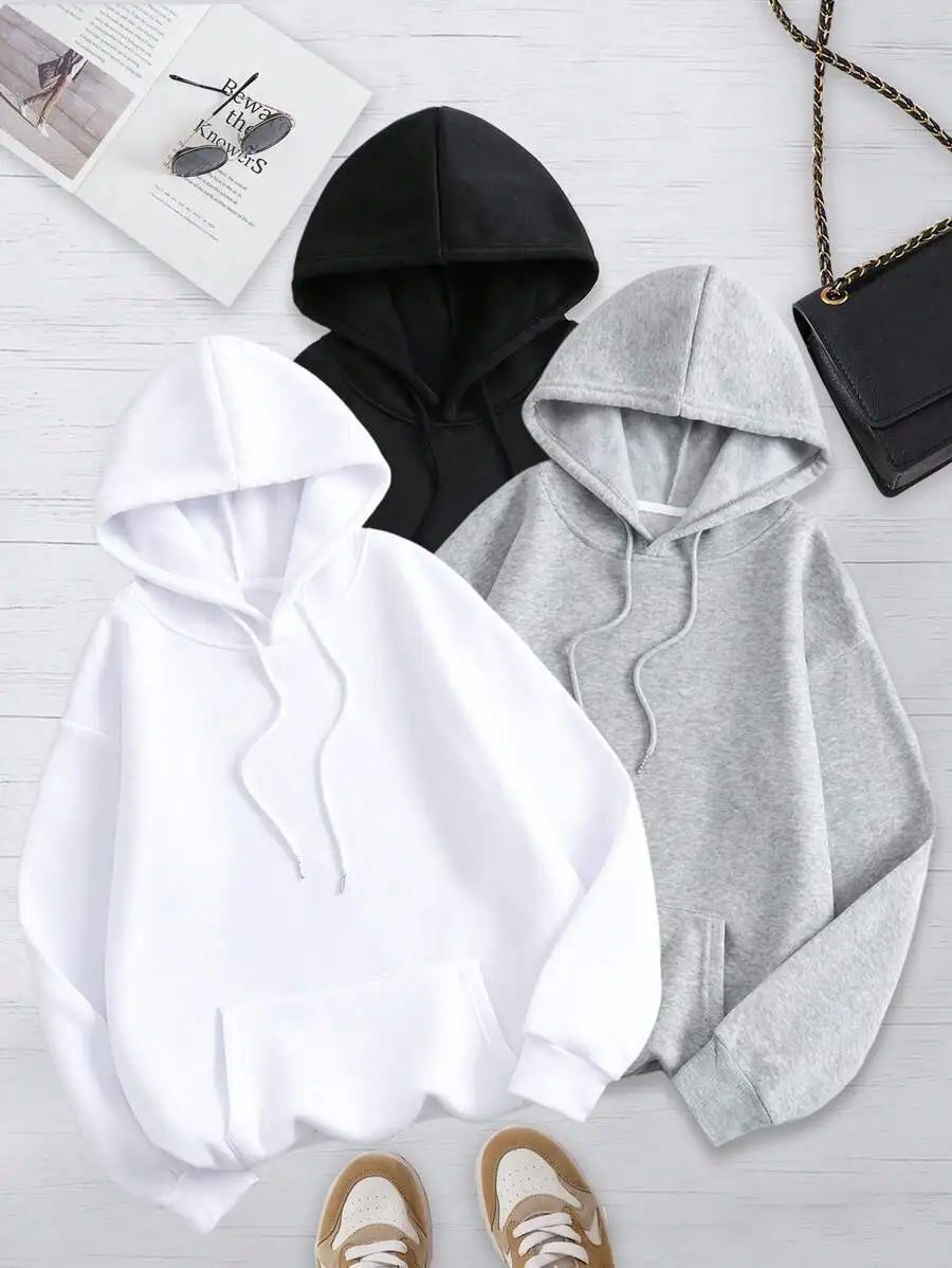 

Women's Solid Color Hooded Sweatshirt with Front Pocket, Loose Fit Long Sleeve Pullover for Fall Casual Wear