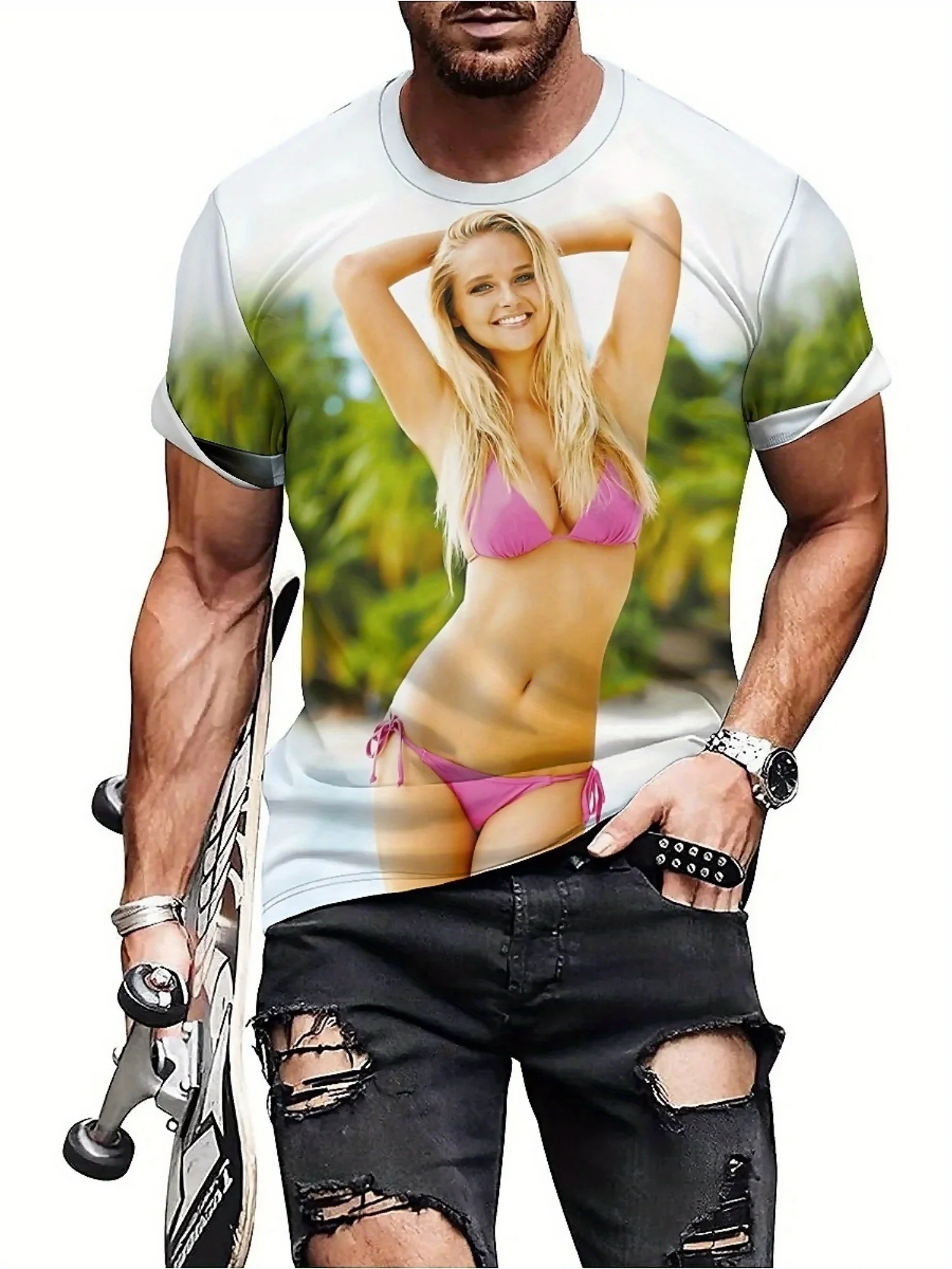 Camiseta masculina com estampa de biquíni 3D – poliéster macio, manga curta, gola redonda, design vibratório de cena de praia, casual e moderno