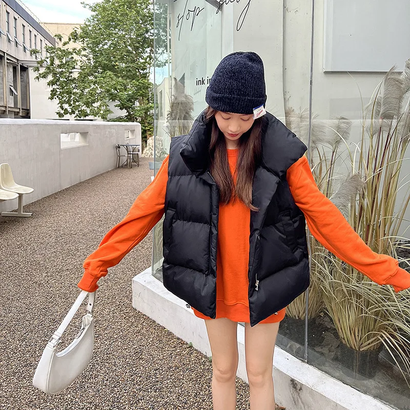 Women Vests Parka Sleeveless Stand Collar Parkas Zipper Cardigan Casual Autumn 2025 Solid Spliced Draw String Pockets Loose