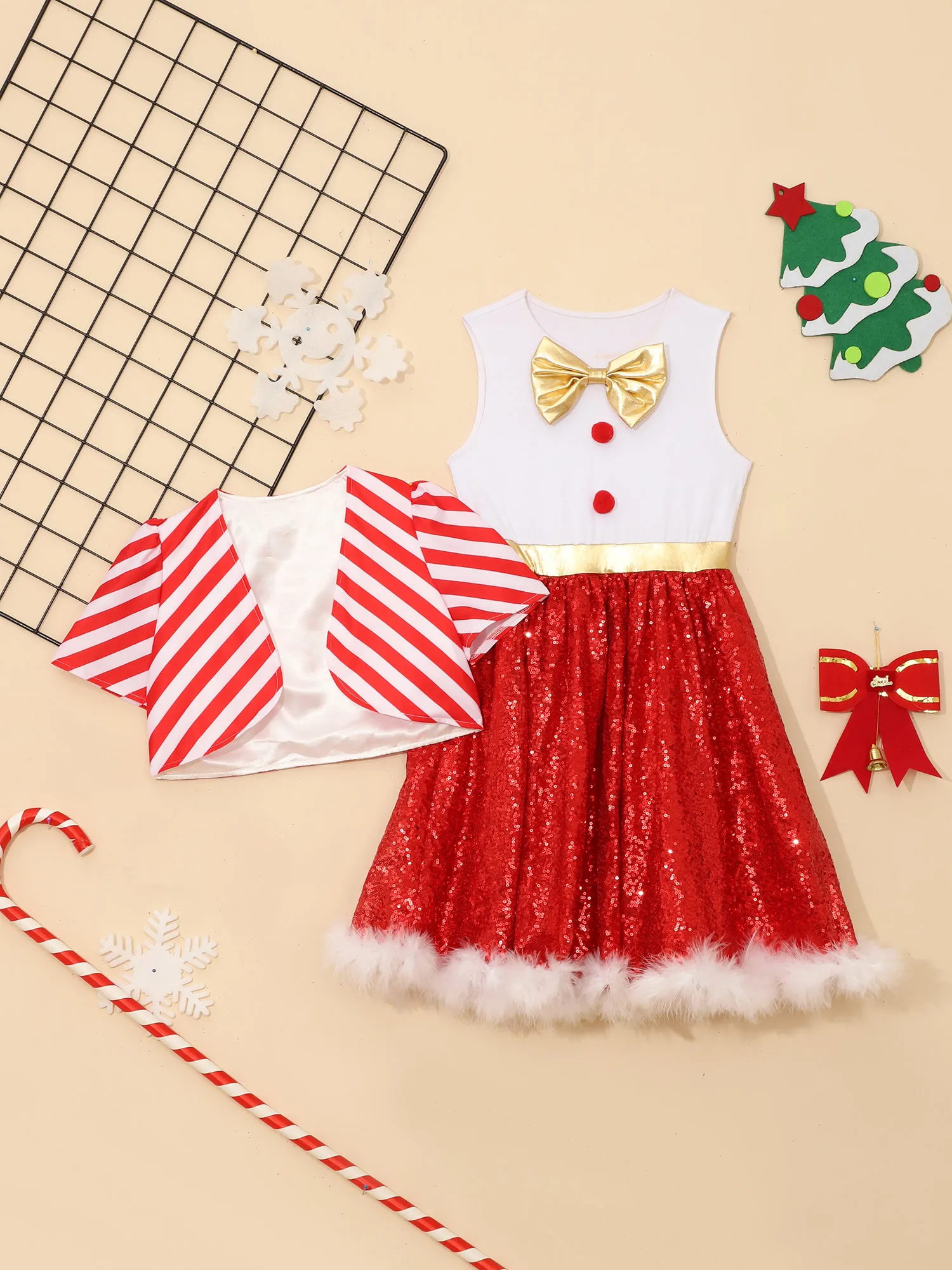 Kids Girls Candy Cane Striped Sequins Ballet Tutu Dance Dress Cute Princess New Year Party Leotard Dress with Coat Dance Outfits