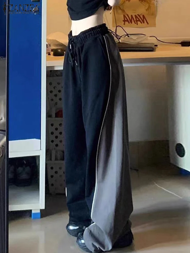 

Streetwear Color Patchwork Long Trousers 2025 ZANZEA Sporty Wide Leg Pants Women Casual Fashion Elastic Waist Loose Pantalons