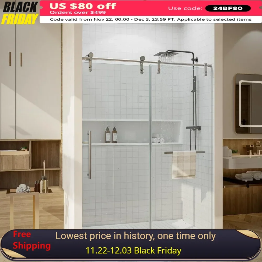 Shower Doors Glass Shower Door,Frameless Showers Door with Handle and Seal Strip for Waterproof,Sliding Shower Doors