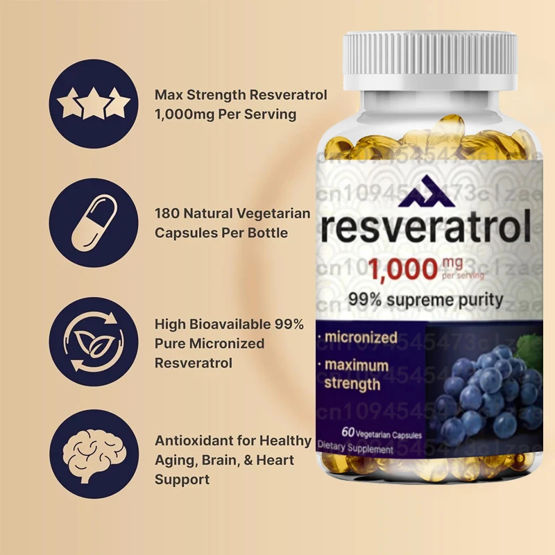 

99% капсул Pure Trans Resveratrol 60, антиоксидант, здоровое старение, поддержка мозга и сердца - не генетически модифицированный