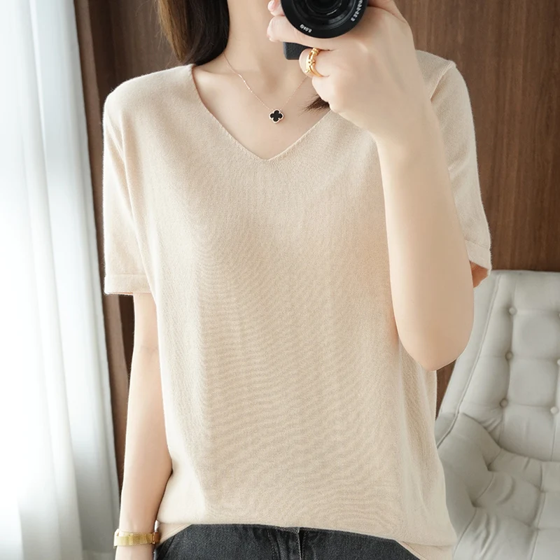 2026 Women's V-neck Short Sleeve T-shirt 100% Cotton Knitted Solid Color Basic Fashion Top for Hot Sale