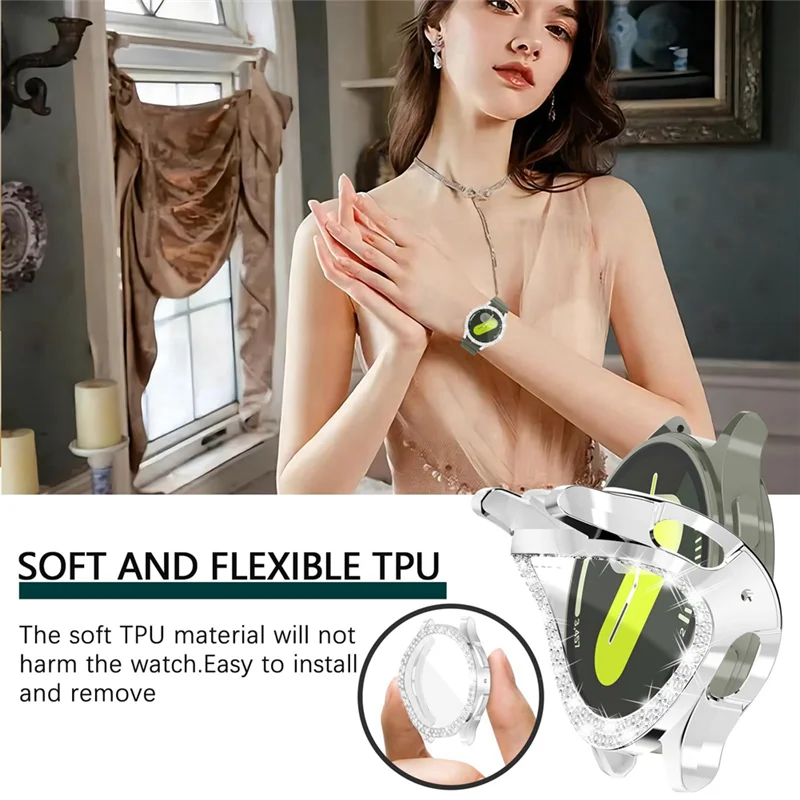 สําหรับ Samsung Galaxy Watch 7 กรณีไฟฟ้าเดี่ยวและคู่แถวเจาะ Hard 44 มม.เปลือกป้องกัน Silver