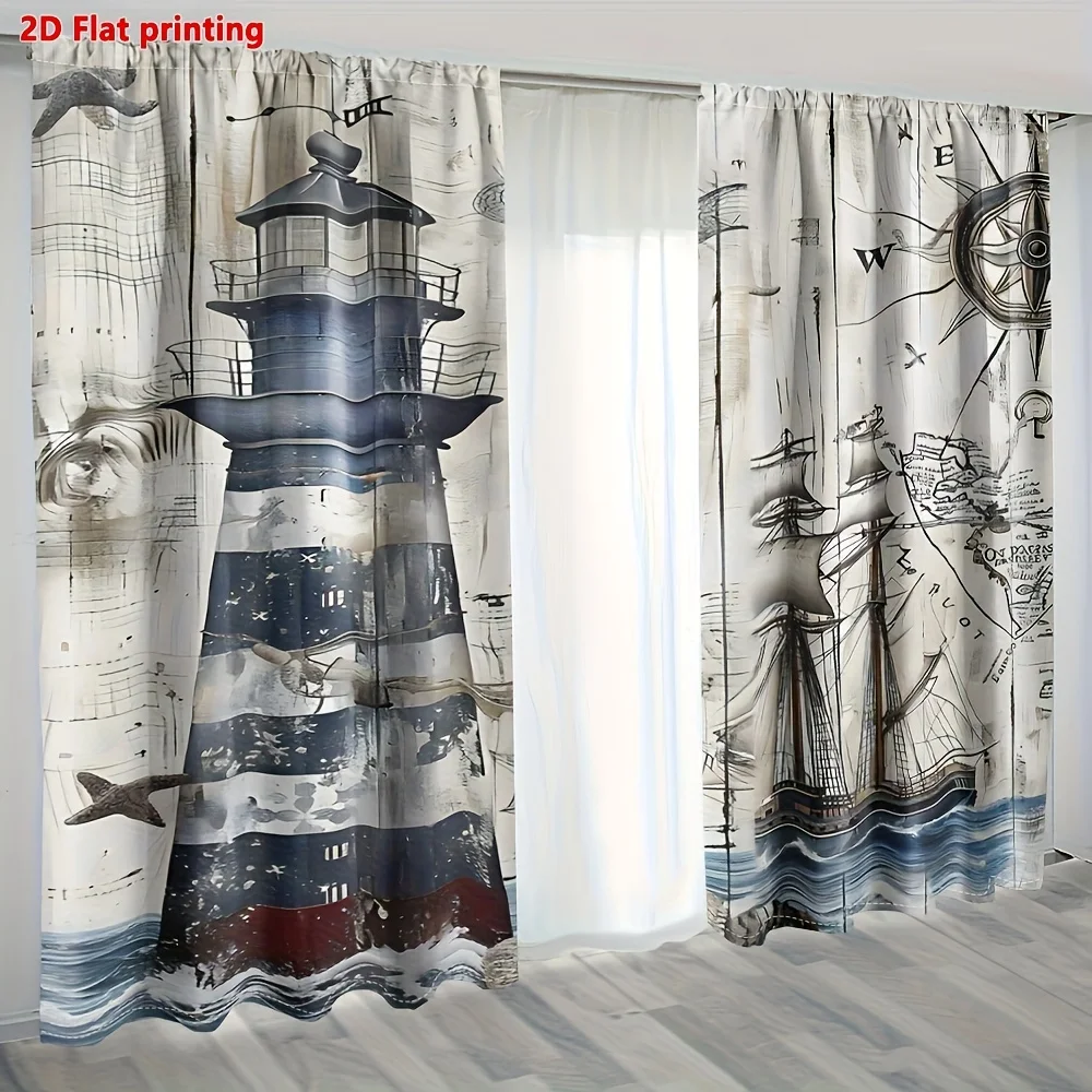 Nautical Lighthouse Curtains Ocean Sea Map Print Maritime Theme Curtain Panels Window Decor for Bedroom Bathroom Home