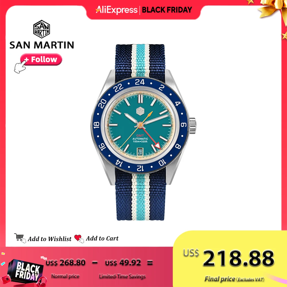 

San Martin оригинальный дизайн мужские часы 39,5 мм GMT Swim Sport NH34 автоматические механические наручные часы водонепроницаемые 100 м светящиеся SN0116