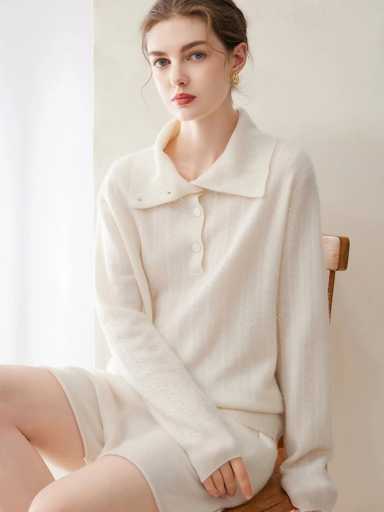 TLOML Women 100% Cashmere Sweater Sailor Collar Half Button Solid Pullover Cashmere Knitwear Autumn Winter Soft Warm Casual Tops