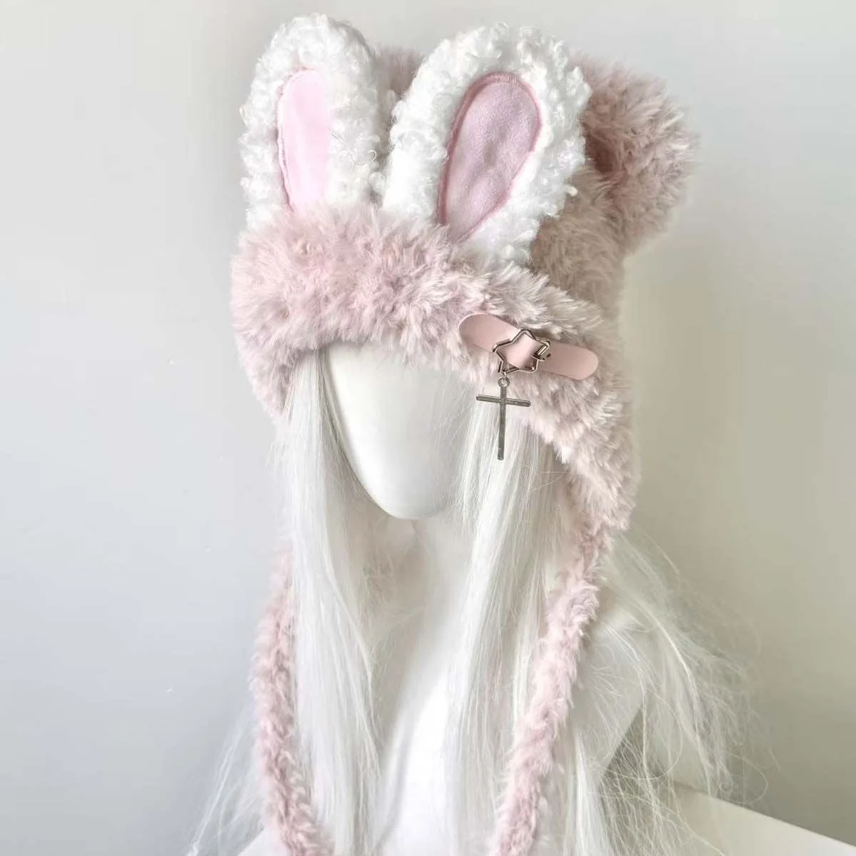 Mulheres harajuku gótico lolita pelúcia coelho orelha gorro chapéu japonês y2k menina fivela cruz urso orelha boné inverno quente chapéu de malha