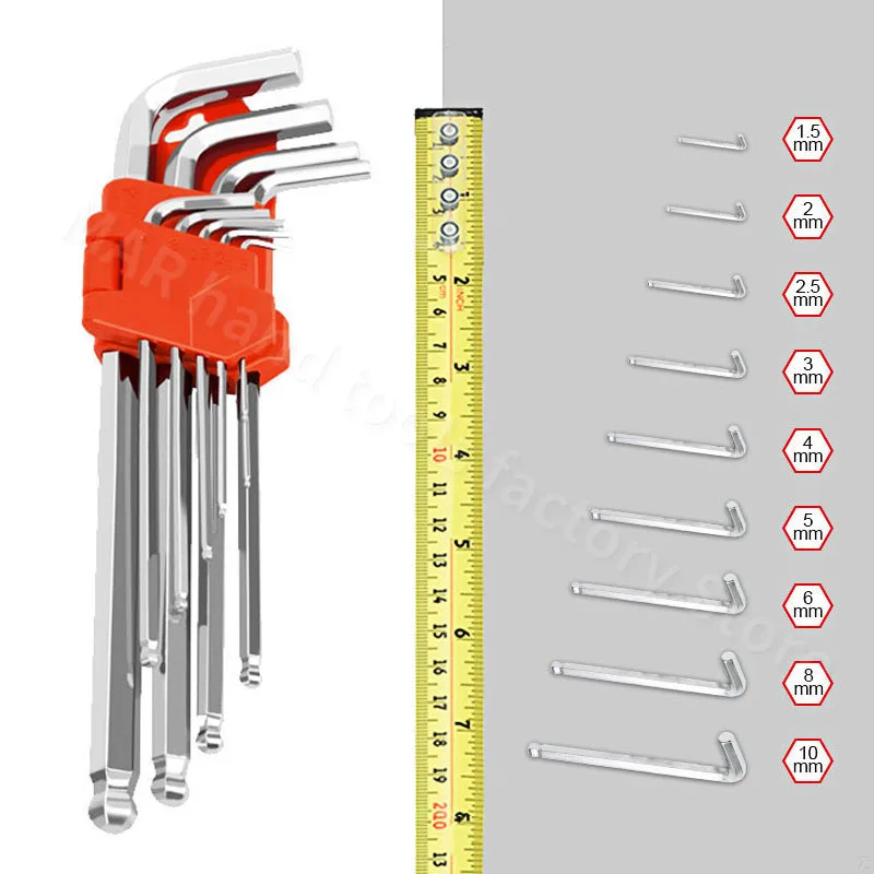 Hex Key Set 9Pcs Metric Allen Wrench Set L Wrench Anti-rust Hex Key Double-End Portable Home Repair Tool 1.5-10mm Key Ball End