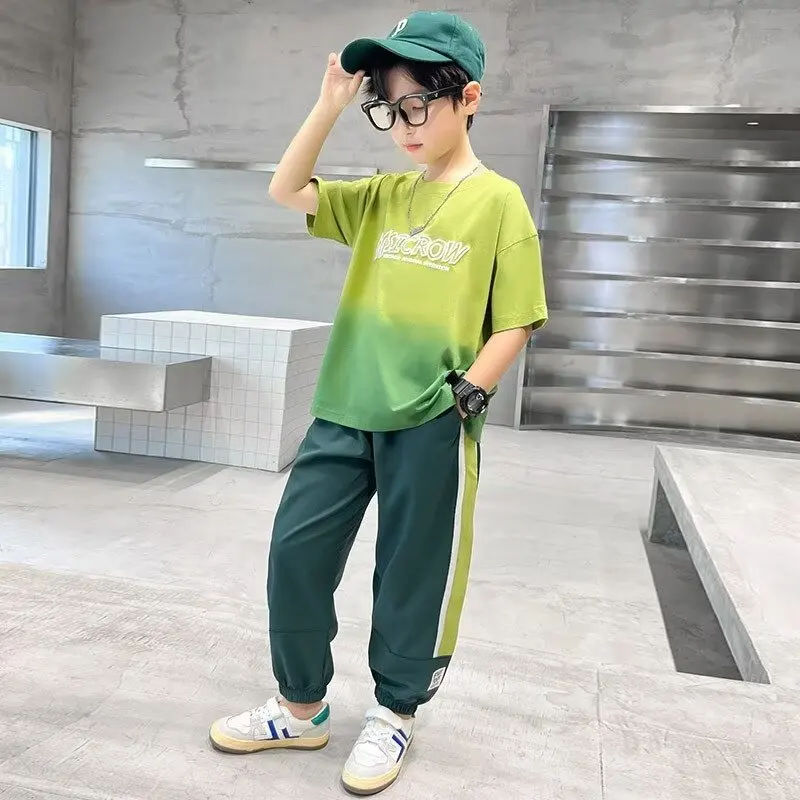 Summer Boys Girls Set Korean High Street Fashion Kids Breathable T-shirt Sports Pants 2 Piece Set High Quality Children's Suit