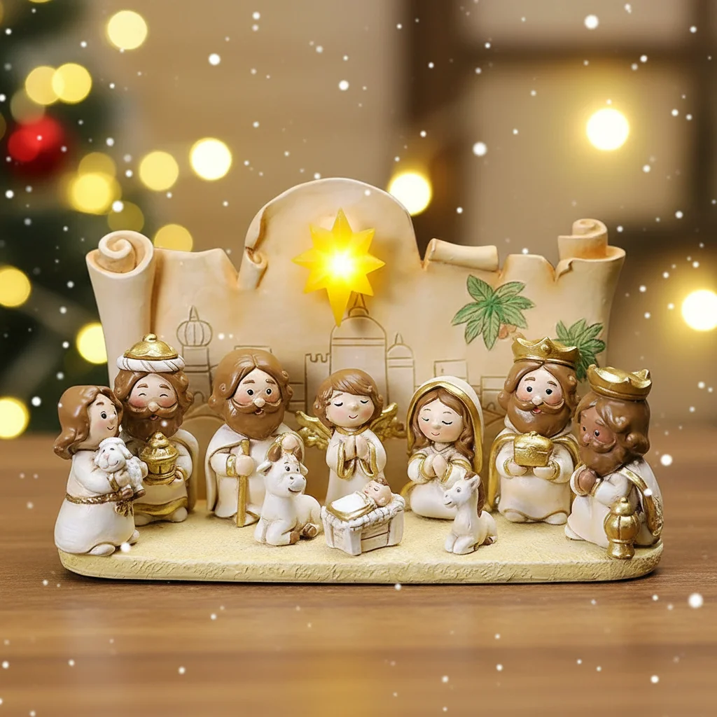 Christmas Manger Scene Figurine Set Cartoon Nativity Characters Decorative Ornament For Holiday Home Decoration And Gift Giving