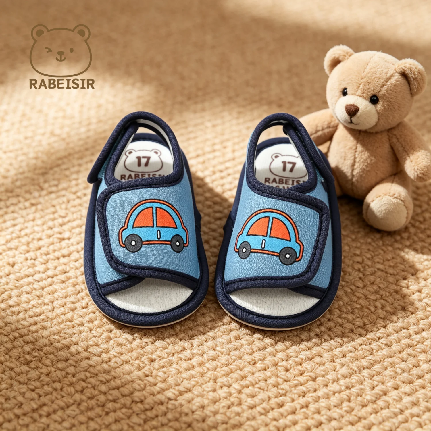 Baby Boys Open Toe Summer Shoes 0-18 Months, Cartoon Car Print, Hook&Loop, Soft Sole Infant Prewalker Crib Shoes