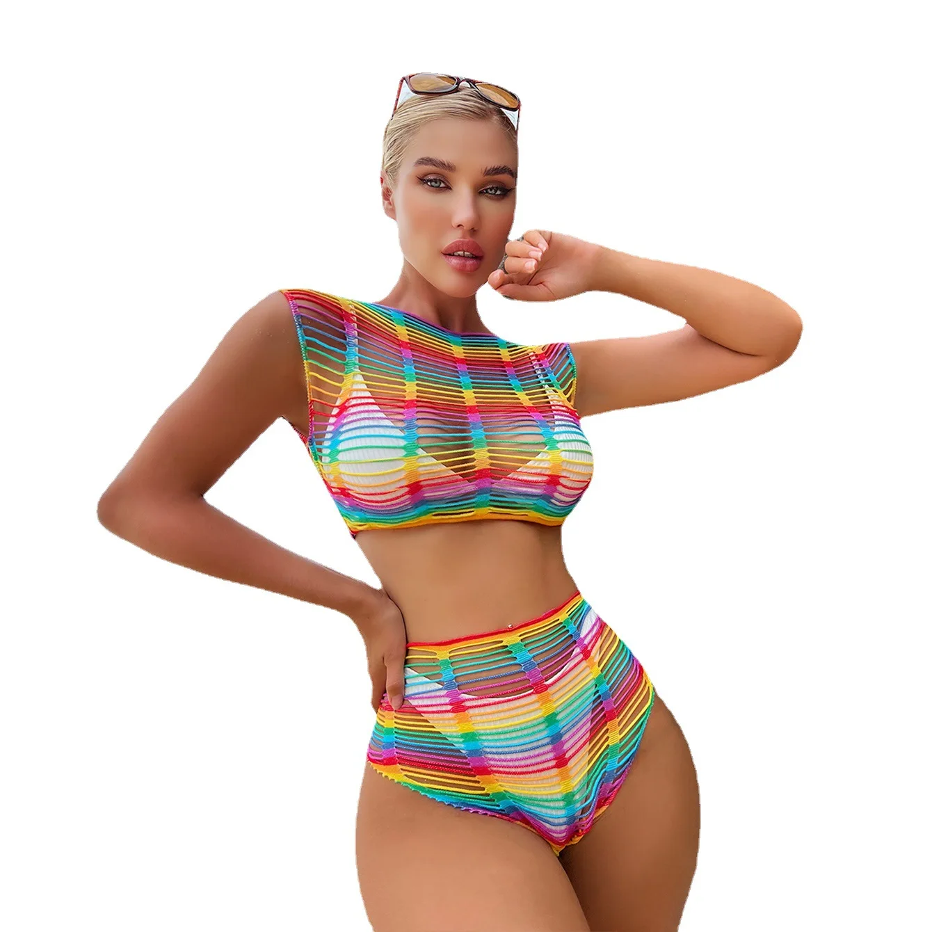 

Women Beach Wear Bikini Cover Ups Rainbow Hollow Out Mesh Transparent Fishnet Tank Tops Swimsuit Summer Party Bodysuit