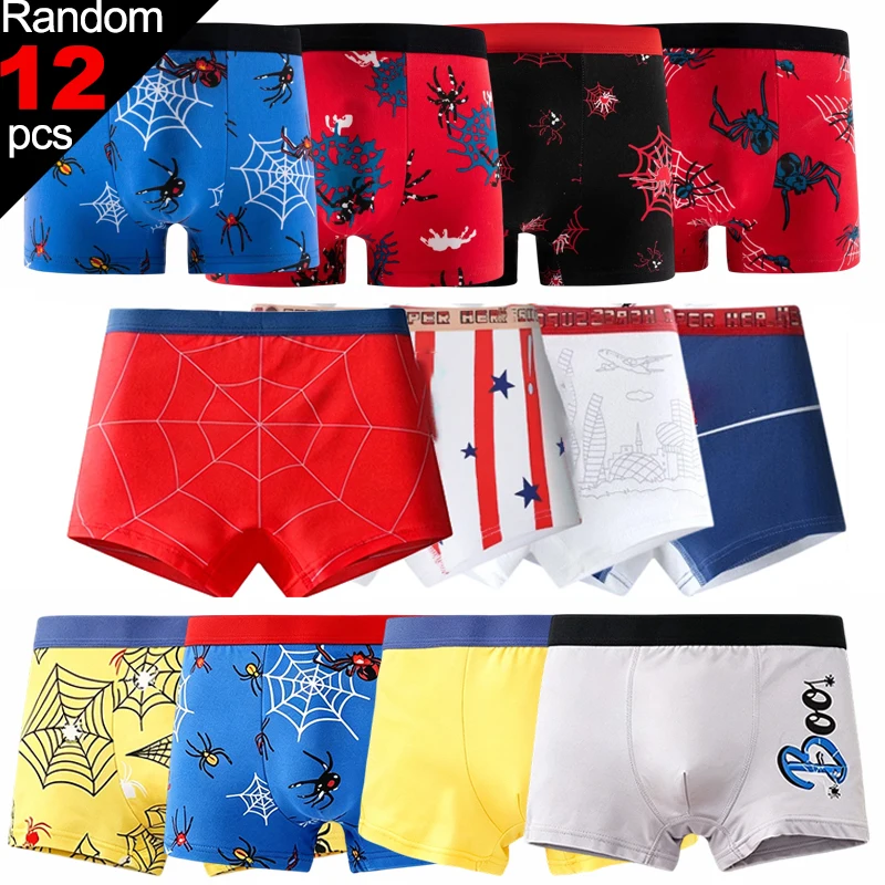 4/8/12Pieces Cotton Boys Boxer Shorts Random Cool Cartoon Spider Pattern Children's Underwear Shorts Soft Breathable Boys Trunks