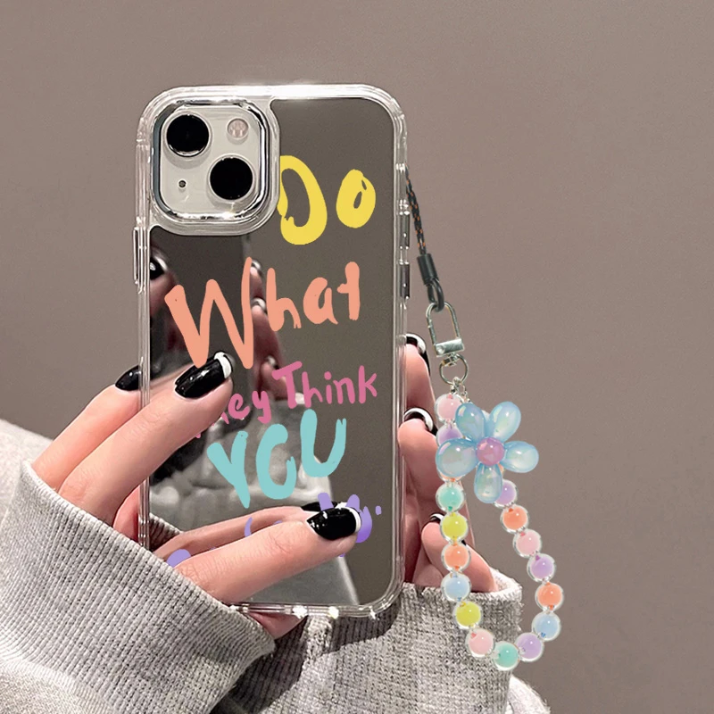 Flower Wrist Chain Mirror Phone Case For iPhone 11 16 12 13 14 15 Pro Max XR XS Case Aesthetic Letters Make up Mirror Soft Cover