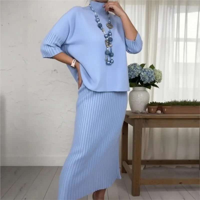

Women Spring Autumn Solid Half Skirt Knitting Two Piece Set Fashion O-Neck Loose Top+Hip Wrapping Skirt Suit Lady Office Outfit