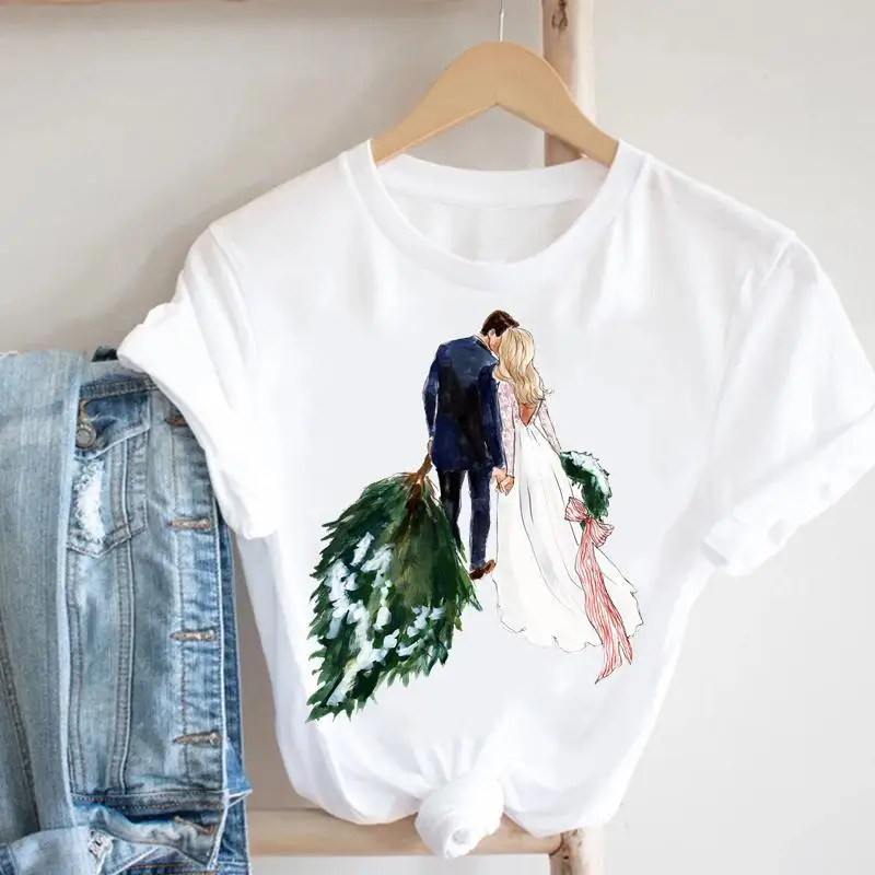 T-shirt à demi-manches pour femme, arbre de Noël joyeux, père Noël, tendance, grande taille, simple, mignon, manches courtes, Y