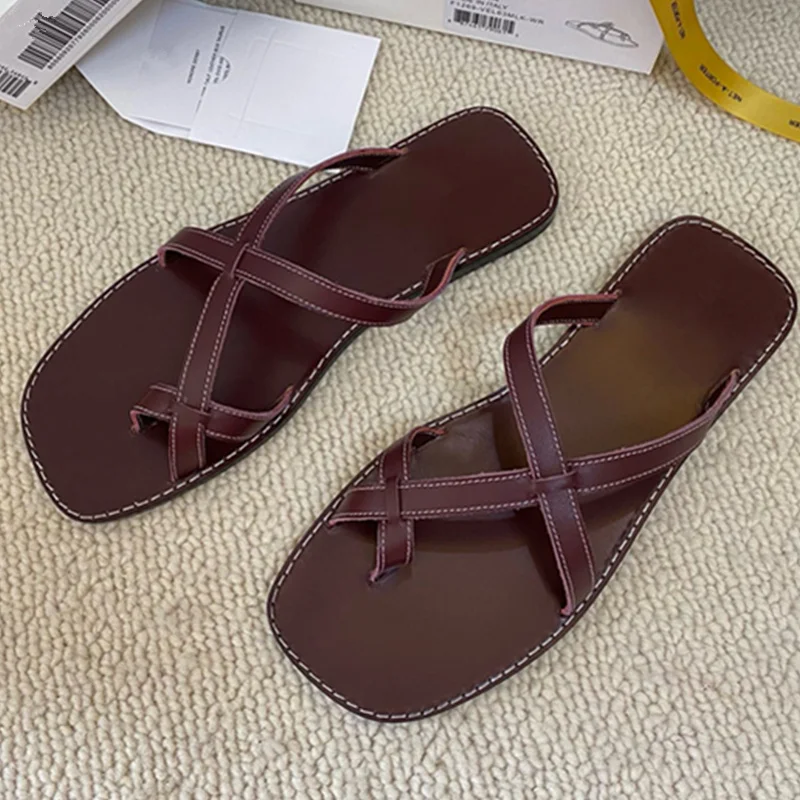 

Jenny&Dave 2026 French Minimalist Cross Genuine Leather Sandals Summer Vacation Leisure Commuting Flat Slippers Shoes Women
