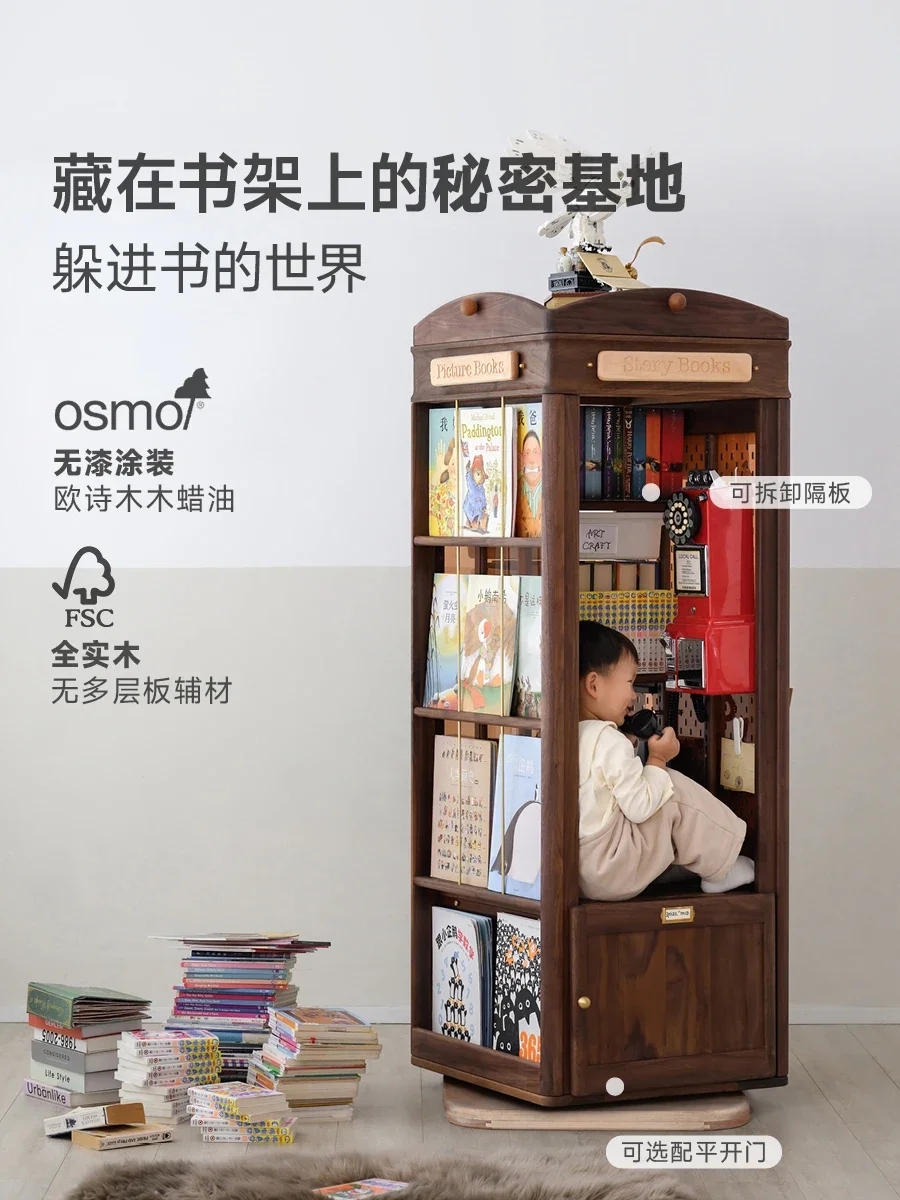 Children's Solid Wood 360-Degree Rotatable Bookcase Floor Living Room Home