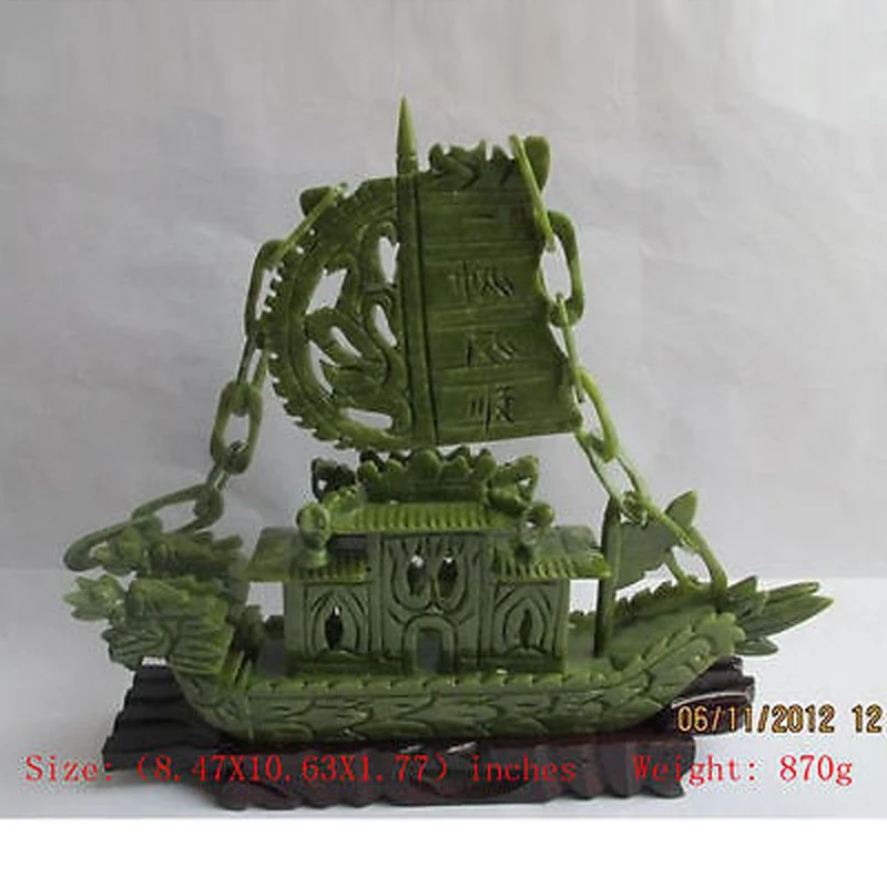 

Elaborate Chinese manual sculpture of southern Taiwan jade dragon sailing boat