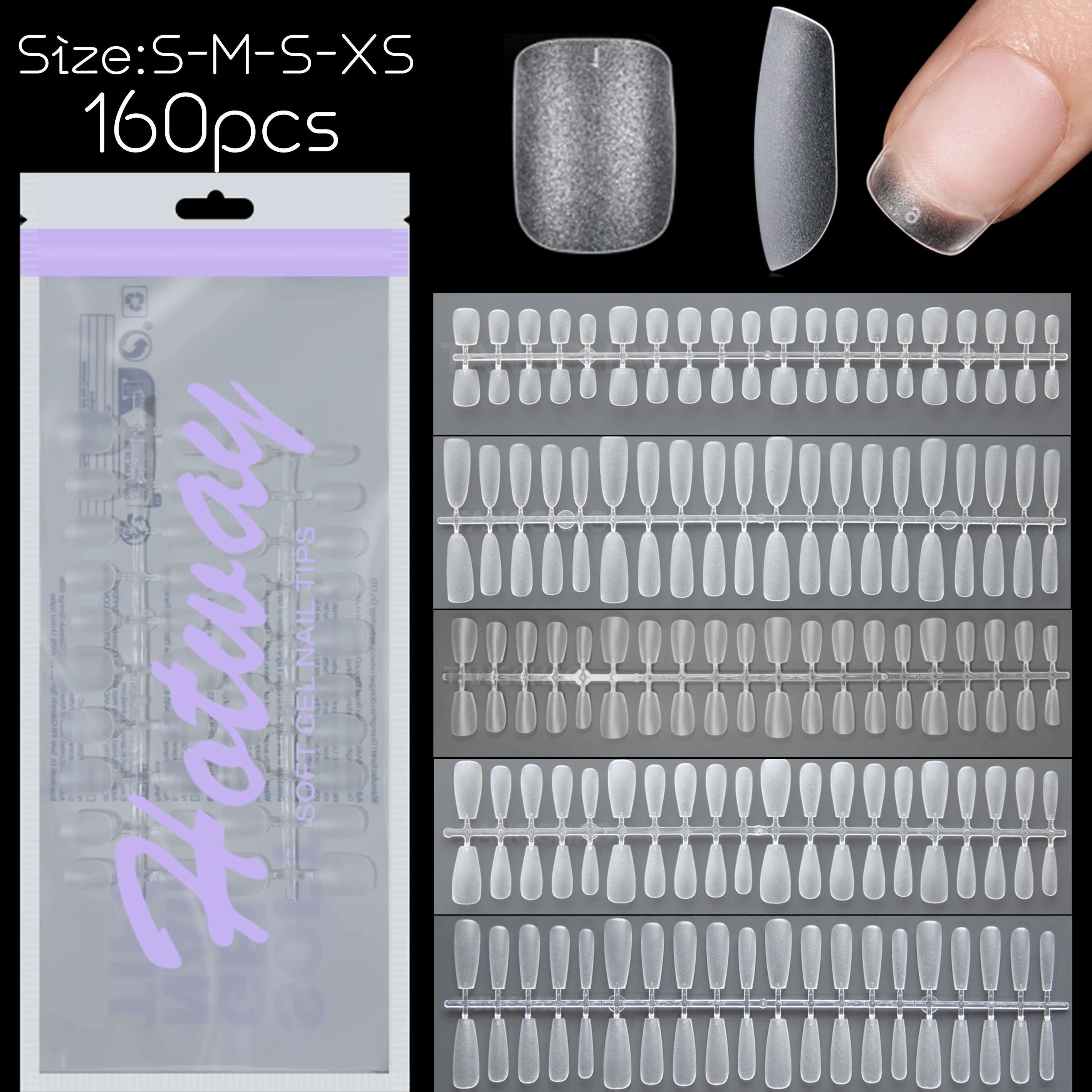 160 pieces of frosted transparent acrylic wearable nail tips, sizes S-M-S-XS, short to medium long and trapezoidal