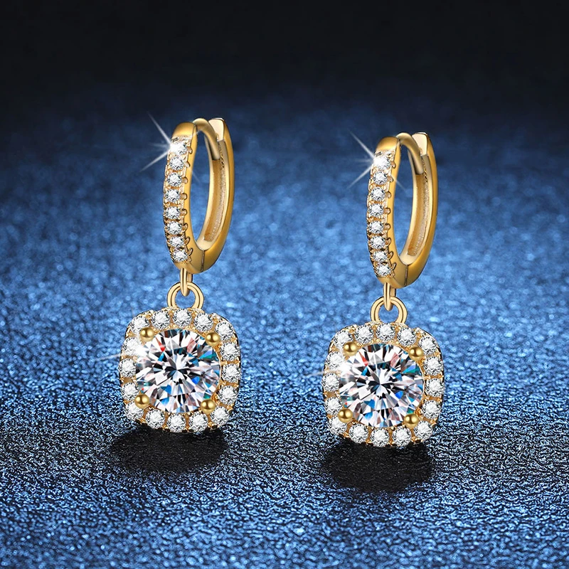 Luxurious 100% Real Gold 18k Women'S Classic Square Moissanite Earrings, One Carat Diamond Earrings