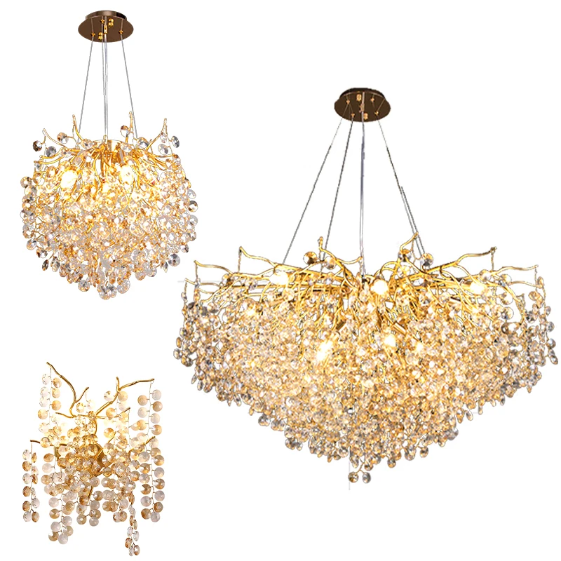 Gold Branch Pendant Lights Modern Luxury Crystal Tassel Lustre LED Hanging Lamps for Ceiling Home Decor for Living Room