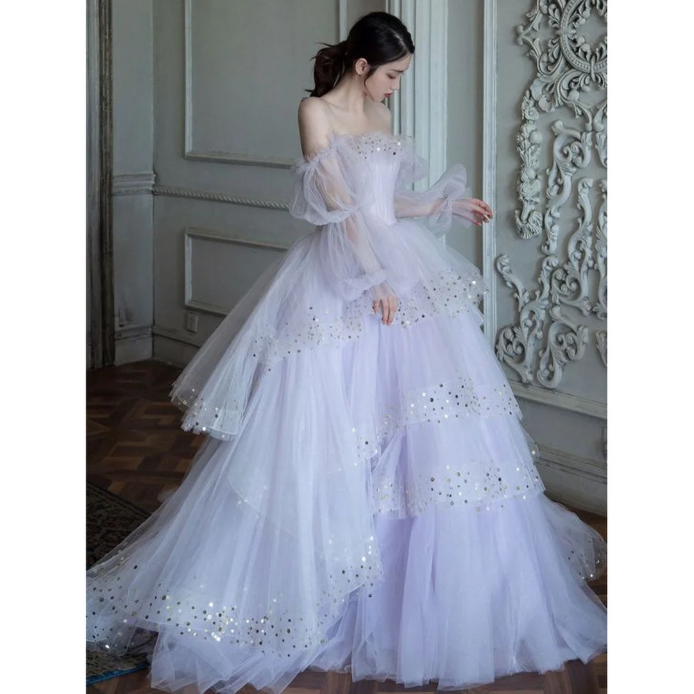 

Fashion Tiered Pleat Evening Dress with Sequined Elegant Strapless Floor Length Sweep Train Lavender A-Line Gowns Party Prom