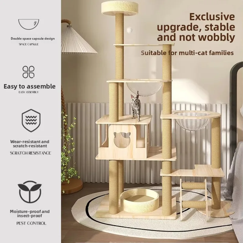 Multi-level cat activity tree with sisal scratching board, wooden playhouse, high design, suitable for indoor cat sports
