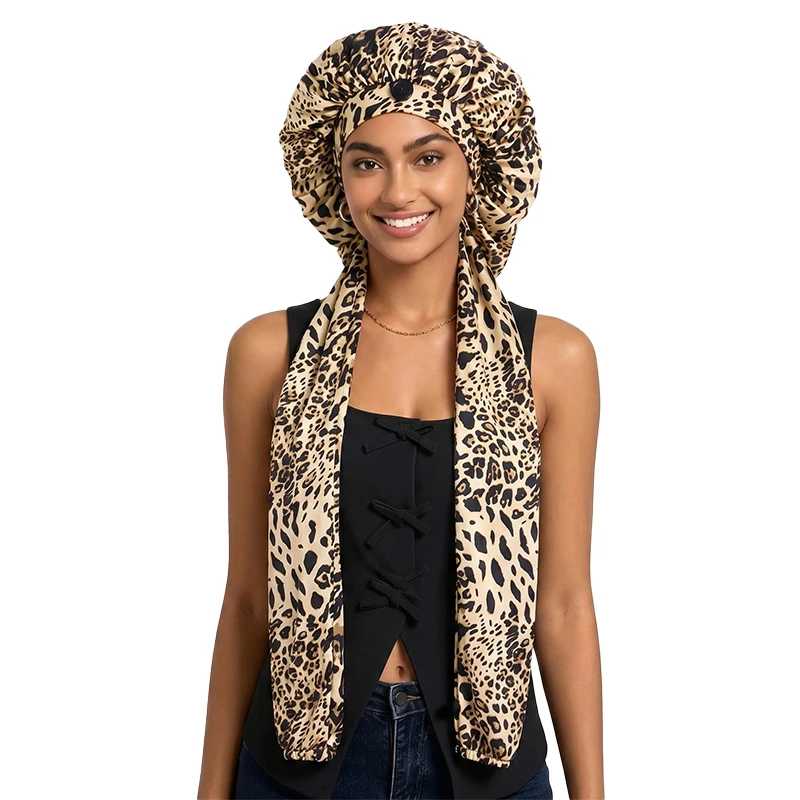 New Ice Silk Long Tube Printed Sleeve Sleep Cap Hair Care Bonnet Head Wrap Elastic Band Cap Beauty Care Makeup Cap