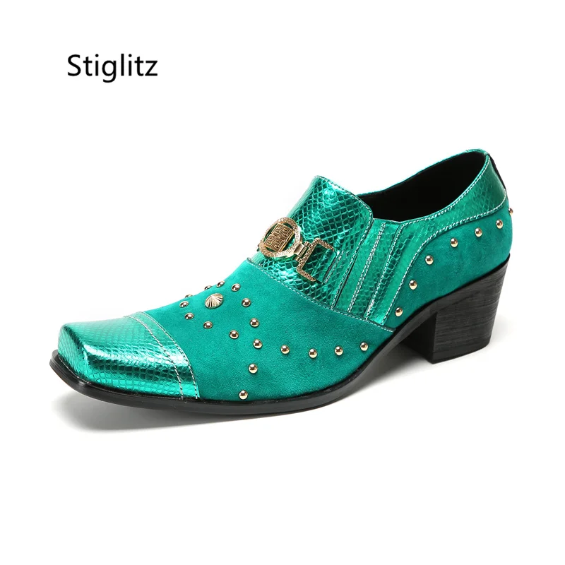 

Green Square Toe Leather Shoes Rivet Metal Buckle High Heels Men's Shoes Casual Dress Catwalk Party Banquet Shoes for Men