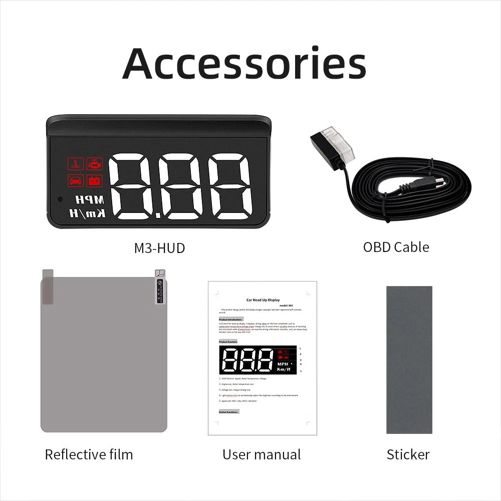 M3 HUD Obd2 Display On-board Computer Car Head-up display Windshield Big Font projection E-OBD and GPS Suitable for All Cars M1