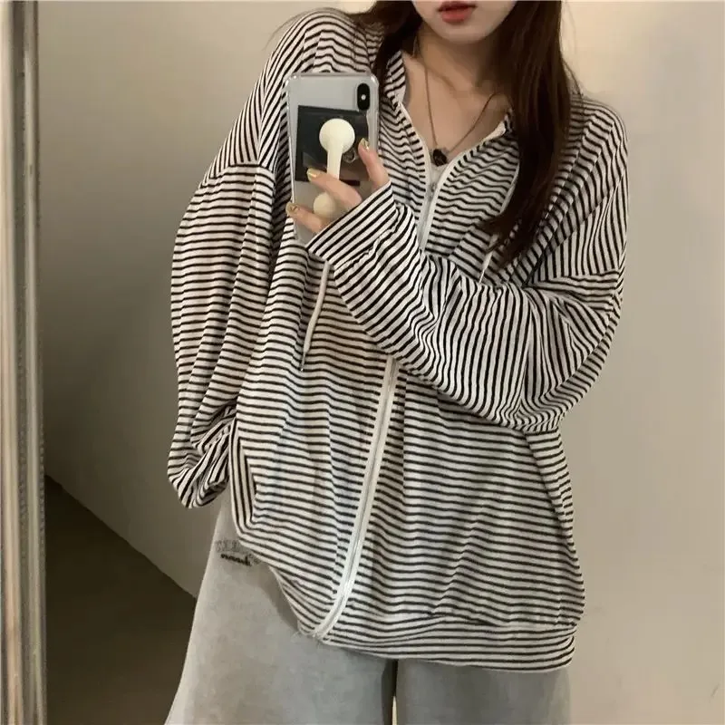 Blue Striped Hooded Cardigan Coats Women's Clothes Loose Hooded Korean Waistcoats Oversized Tops Casual Chic Thin Summer Jackets