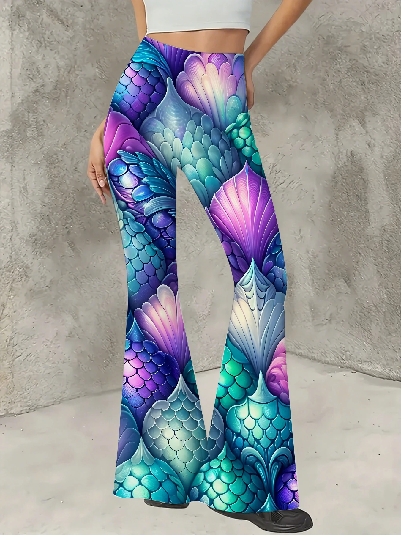 

Plus Size All-Over Print Flare Pants Women Stretchy High Waist Bell Bottom