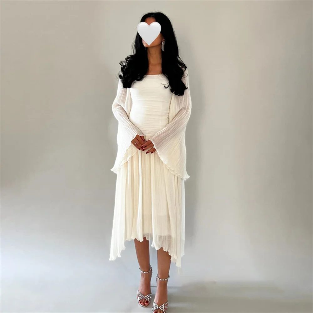 ROYET Simple Pleat Classic Evening Dress For Woman Full Sleeve Tea Length Vintage Long Elegant White Long Ball Woman Gown