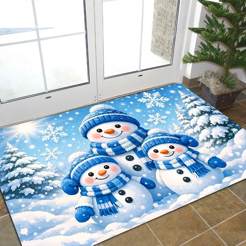 Vintage Christmas Snowman Doormat Three Snowmen Knit Hat Scarf Snowflake Print Entry Mat for Front Porch Xmas Holiday Gift