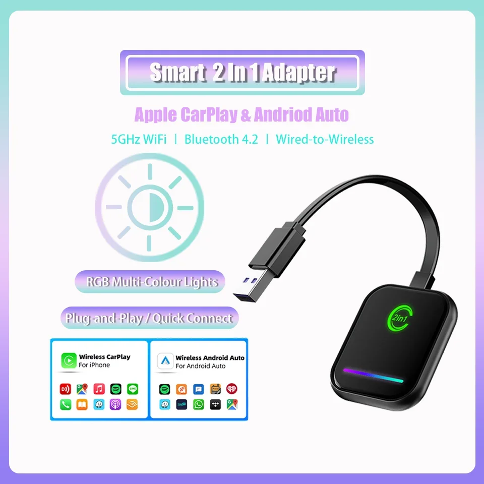 

New Wireless CarPlay and Android Auto 2-in-1 Streaming Car Box Intelligent Plug & Play Dongle Bluetooth WiFi USB Auto-Connection