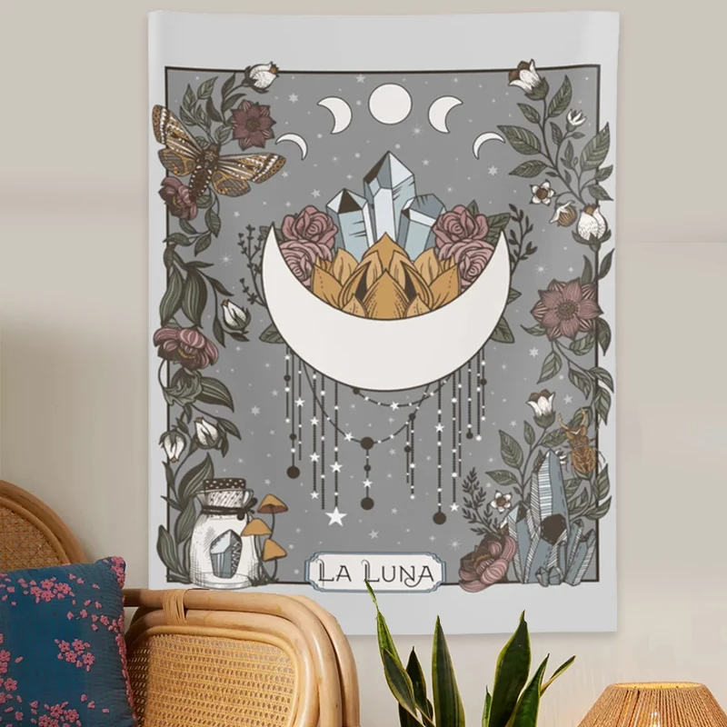 La Luna Tapestry Wall Hanging Moon  Phase Tarot Card psychedelic scene home decoration Witchy Nature Hanging Wall Art sheets