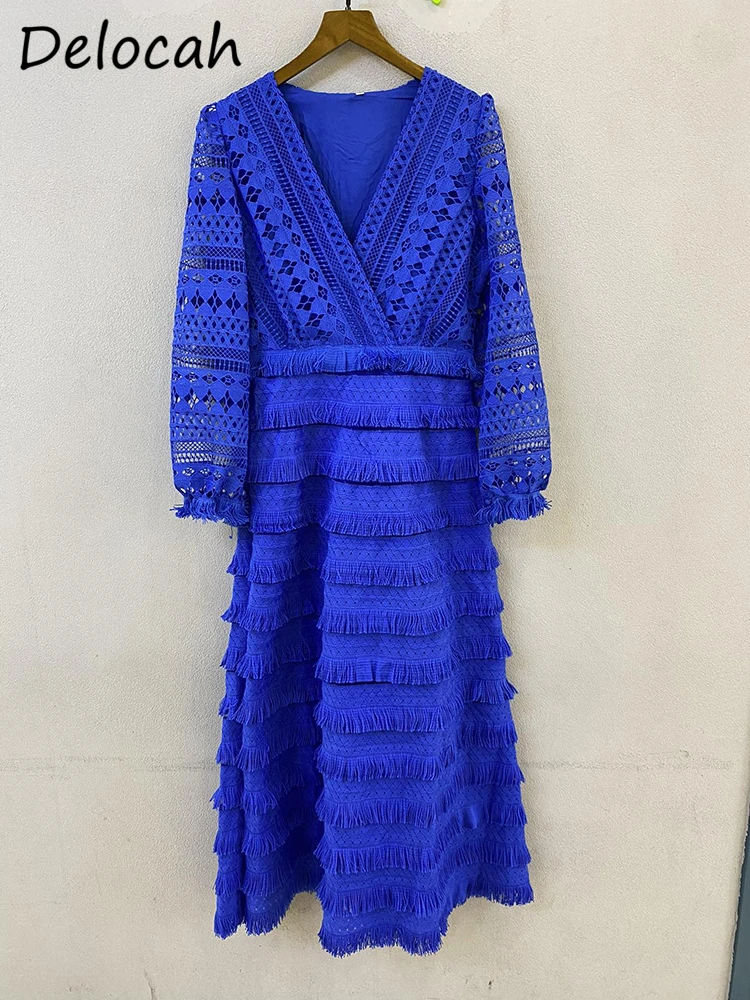 Delocah – robe de soirée mi-longue pour femmes, de haute qualité, à manches lanternes, bleu, ajouré, avec pompon, garniture de gâteau, automne