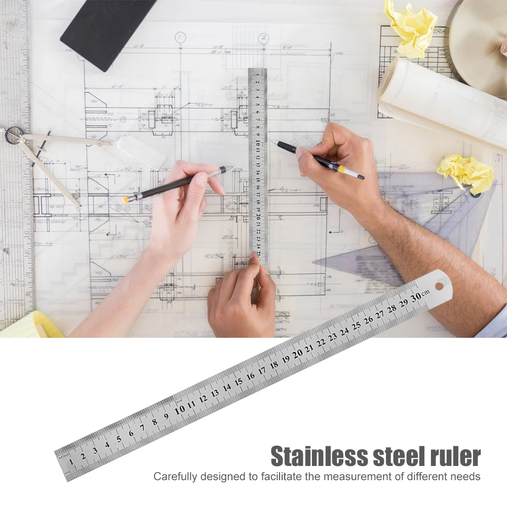 Stainless Steel Double Side Scale, Metal Straight Ruler, ferramenta de medição de precisão para estudantes, artigos de papelaria para estudantes, 15-50cm