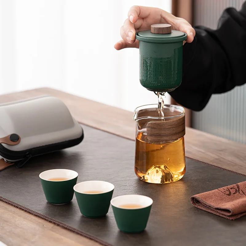 Teaware Travel Bag,Ceramic Travel Kung Fu Tea Set,  One Teapot, Four Teacups Porcelain Glass Tea Pot with Cup Set, Business Gift