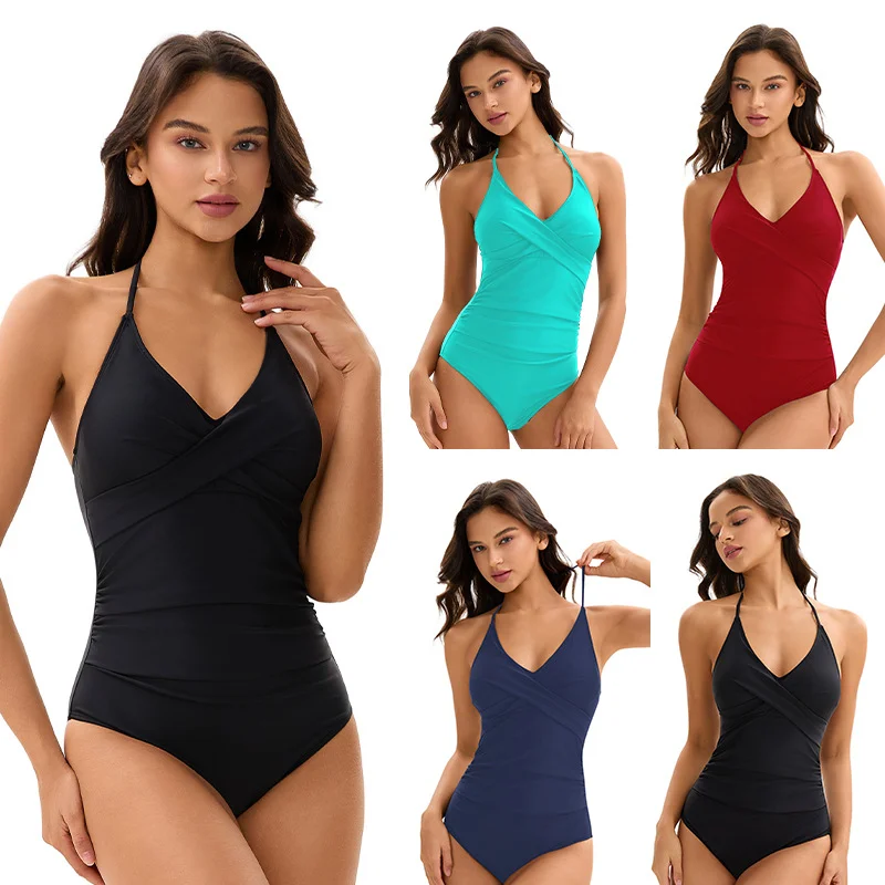 Modest & Sexy Women's One Piece Swimsuits Tummy Control Bathing Suits for Womens Halter V Neck Tie Push Up Slimming Swimwear