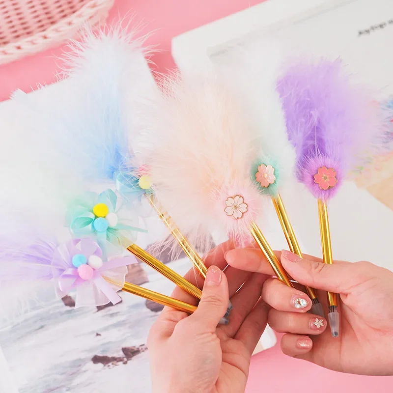 

24 шт., вишневые страусиные волосы, быстросохнущие девушки в форме сердца, креативные корейские канцелярские принадлежности, каваи, школьные принадлежности, гелевые ручки