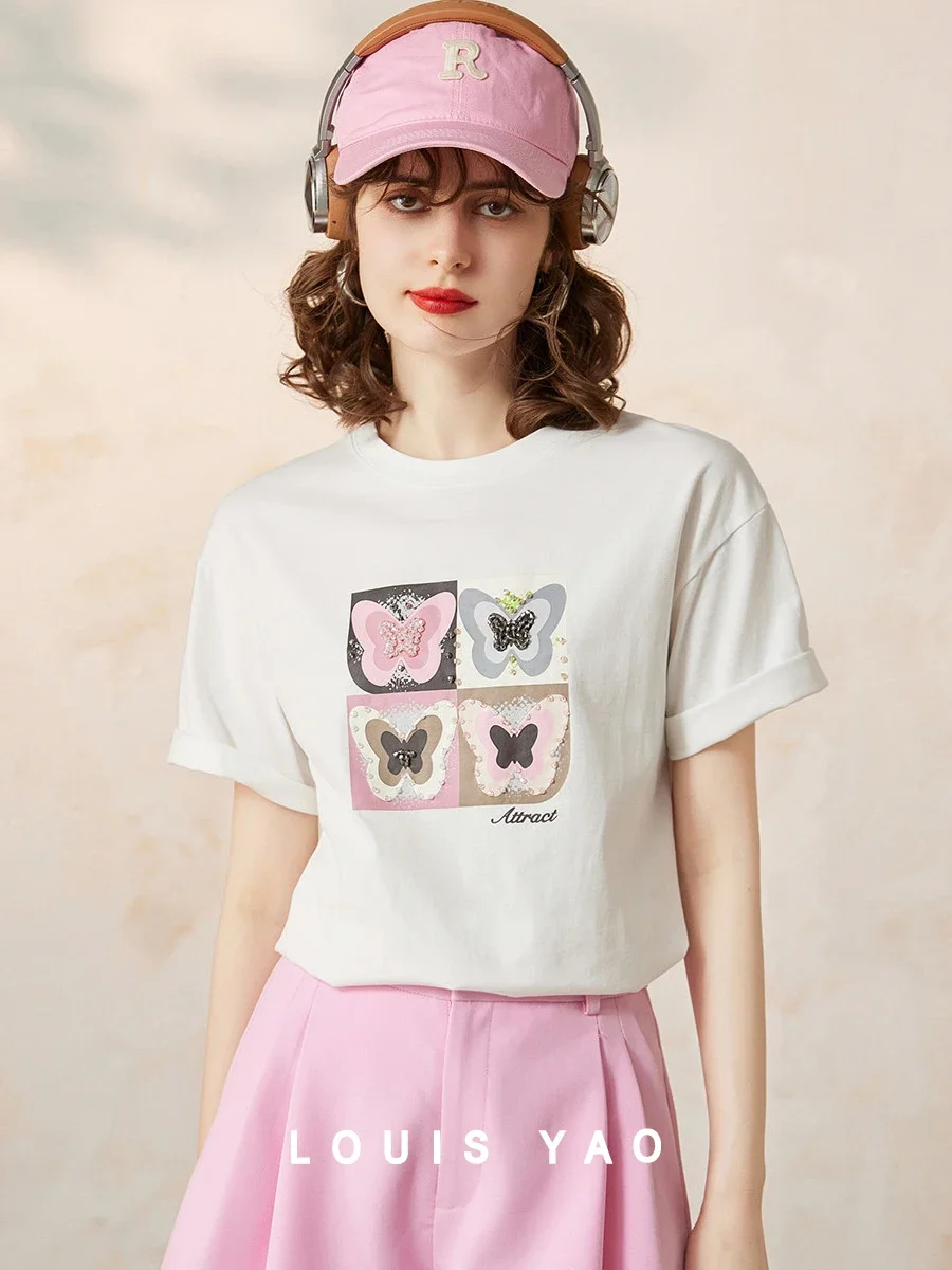 LOUIS YAO Women T-shirt 2024 Summer Tee 100% Cotton Round Neck Short Sleeve Beading Butterfly Loose Casual Basic Pullover Top